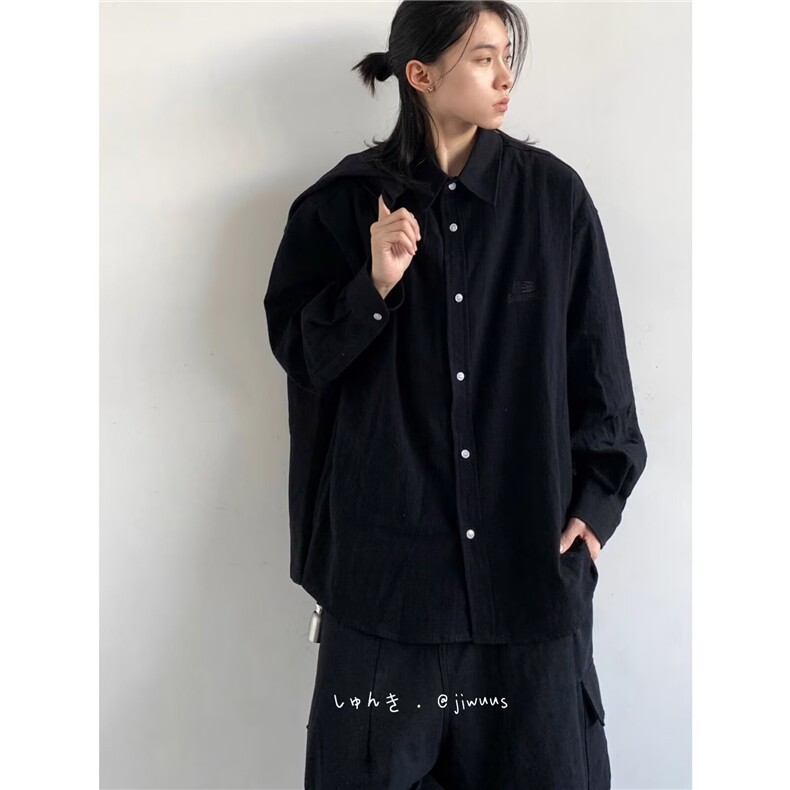 春秋新款日系复古中性风基础款衬衫纯色男女刺绣宽松休闲上衣外套,男装夹克,星座1210-1