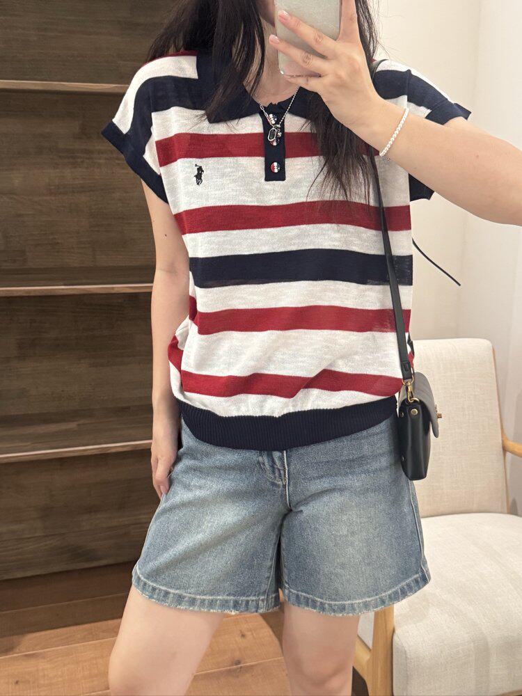 夏季新款简约时尚百搭女士三款条纹刺绣短袖,女装T恤,沐策羊绒