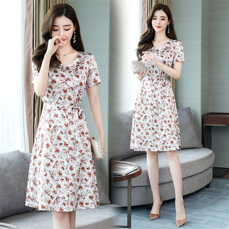 真丝连衣裙女短袖2023年夏装新款名媛高端气质品牌碎花桑蚕丝长裙，女装连衣裙，阿舍尔精品