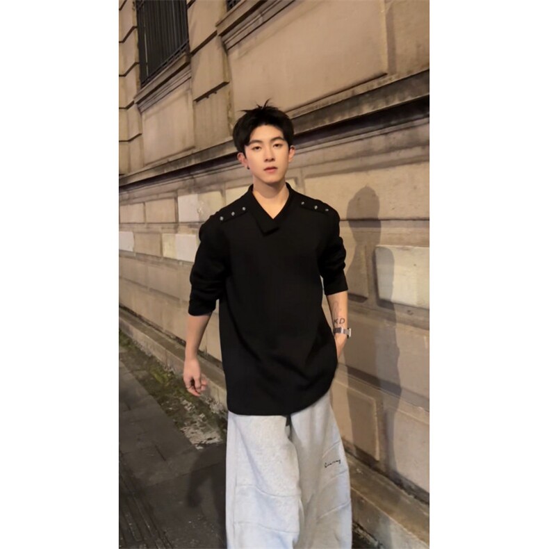 美式翻领polo长袖卫衣不规则解构领长袖T上衣外套504-T551-特P26,男装T恤,星座504