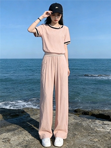 时尚潮流休闲套装女夏季新款高级感显瘦收腰拼接短袖阔腿裤两件套图片