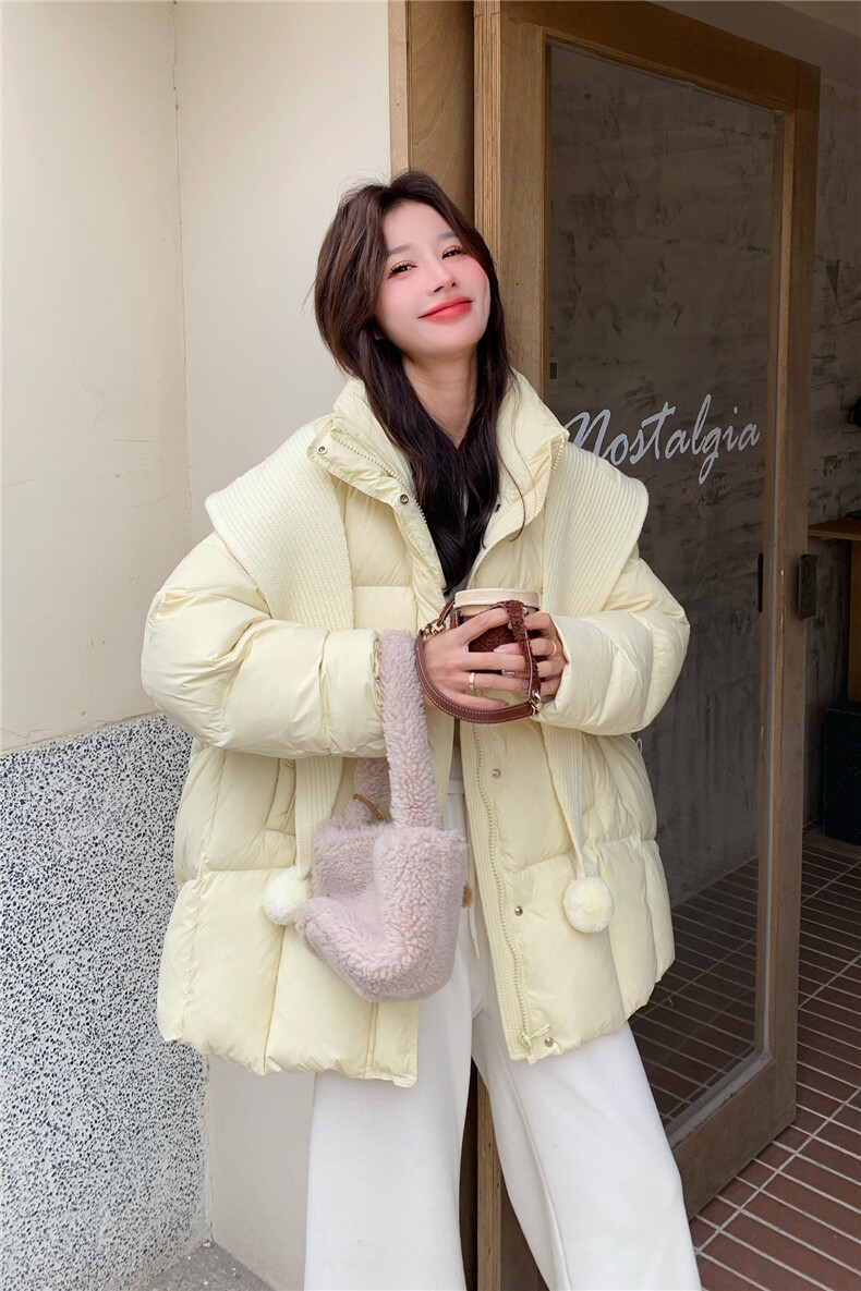 椰奶泡哑光羽绒服女2026冬季新款宽松黄色加厚外套面包服针织披肩,女装羽绒服,2C218