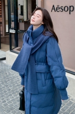 现货披肩围巾蓝色羽绒服收腰中长款50绒2C206-L77-P285-K408，女装羽绒服，2C206