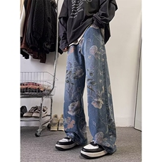 复古印花牛仔裤男夏季设计款阔腿潮牌炸街痞帅裤子1001-1H100-P53，男装牛仔裤，星座1001-1