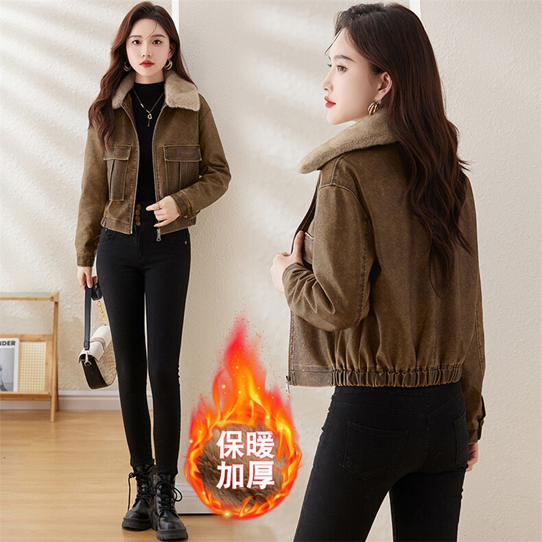复古加绒皮衣外套女小个子短款2023冬装新款配毛领修身机车服夹克图片