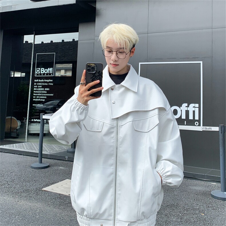 XJ415-特75控138机车皮衣外套男美式设计感潮牌宽松痞帅皮夹克，男装皮衣，电商B370