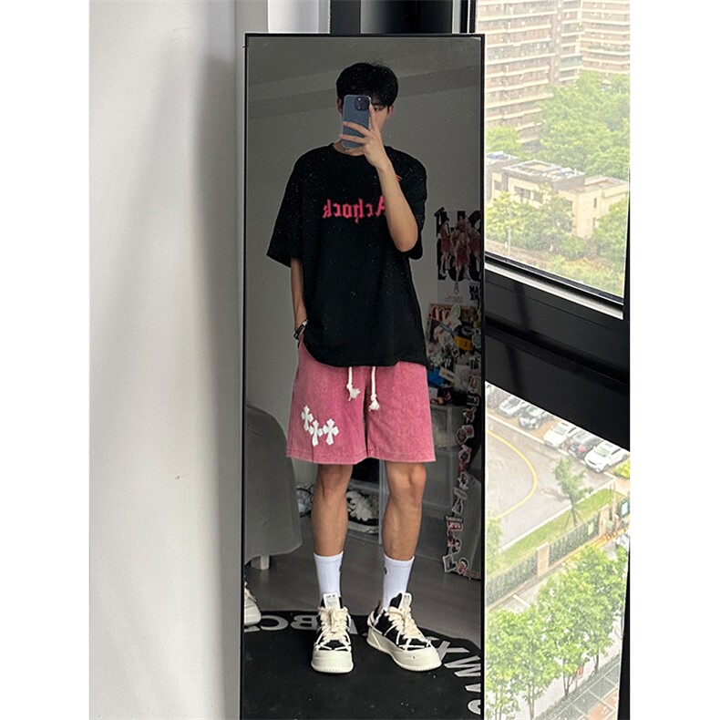 港风纯棉320G重磅水洗做旧发泡印花短裤A014-DY2331-P45控58,男装牛仔裤,电商A014