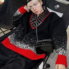 V12-P61冬装小众渐变重磅撞色V领毛衣男设计感高级廓形慵懒，男装针织衫/毛衣，电商B323A
