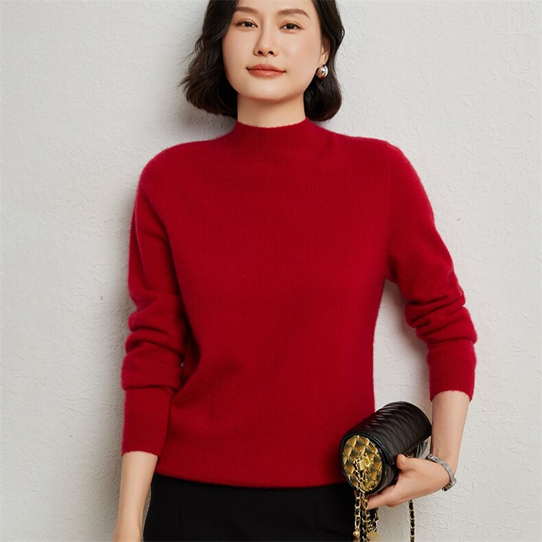优雅女士半高领衫 红色显瘦保暖针织衫 时尚百搭毛衣图片