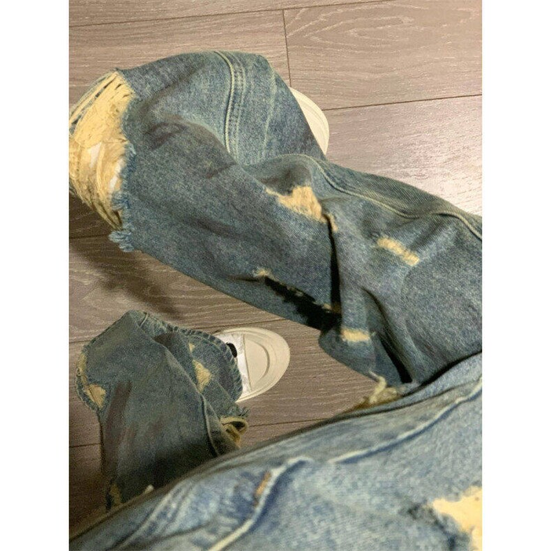 夏季破洞牛仔裤夏季新款复古做旧宽松阔腿直筒长裤子L62333-p52，男装牛仔裤，星座1008