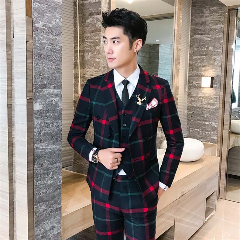 发型师潮男西装三件套韩版修身双排扣格子西服套装A470-TZ06A-270,男装西服套装,电商A207