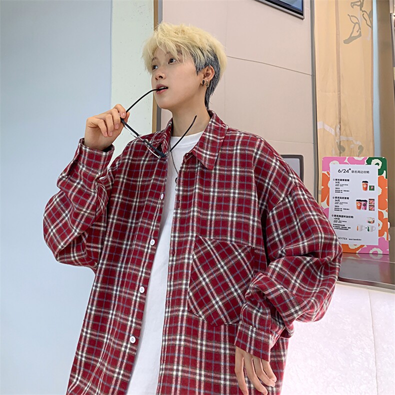 衬衣男秋季新款港风宽松大码磨毛格子长袖衬衫CS530-P38，男装衬衫，星座214-3