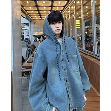 春秋季新款水洗连帽牛仔夹克外套高级感宽松休闲时尚衬衫，男装夹克，星座410-7
