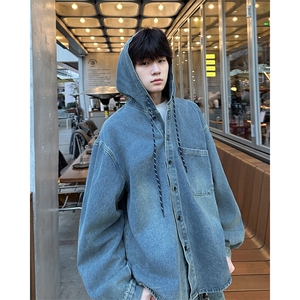 春秋季新款水洗连帽牛仔夹克外套高级感宽松休闲时尚衬衫图片