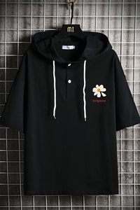 LD54059-P45 连帽短袖t恤男大码胖子带帽五分袖中袖 网格挂拍图片