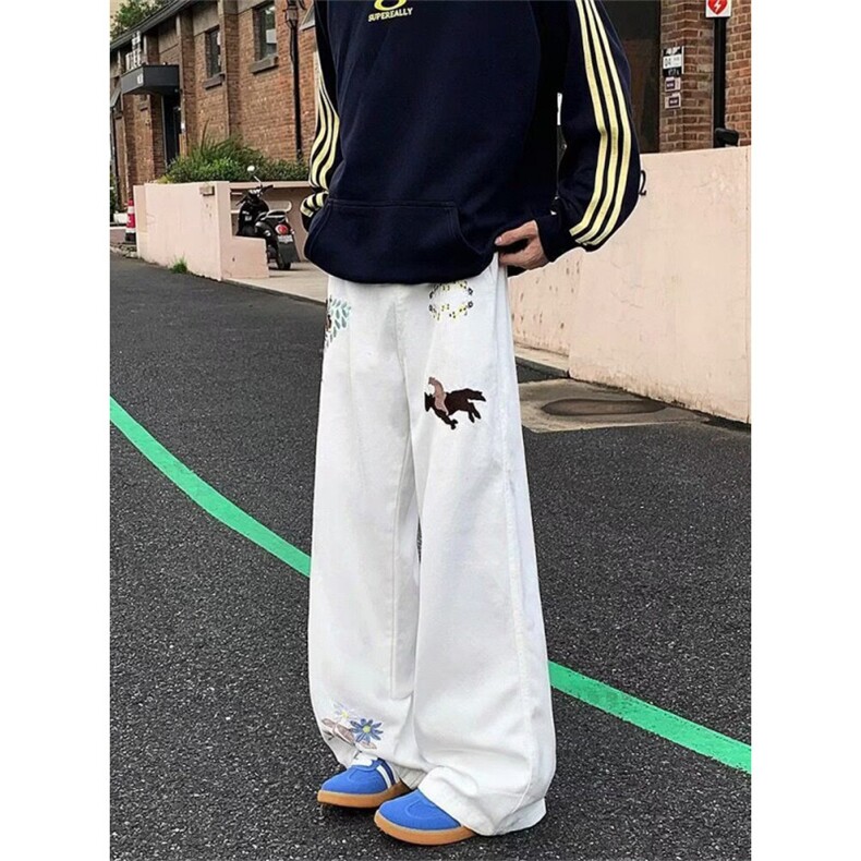 风刺绣牛仔裤男女春季高街阔腿长裤宽松百搭微喇裤子N9802,男装休闲裤,星座1116A（原606A-3）