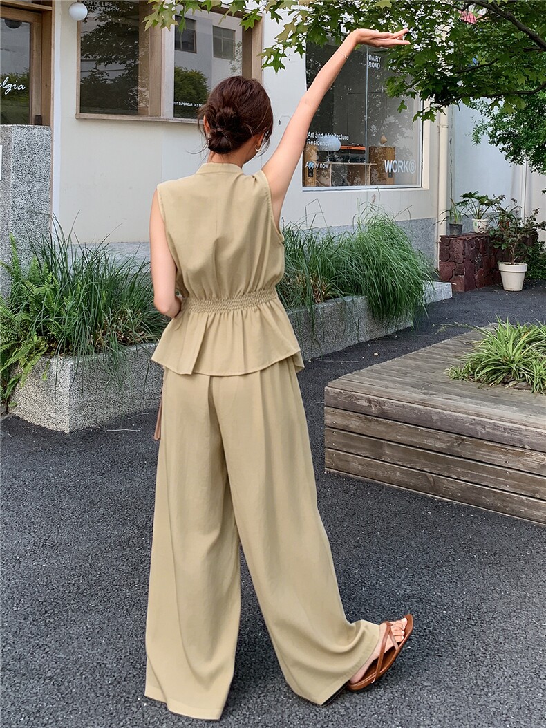 新款现货主推夏季无袖气质套装女老钱风阔腿裤清冷感韩系两件套,女装套装/套裙,网红馆