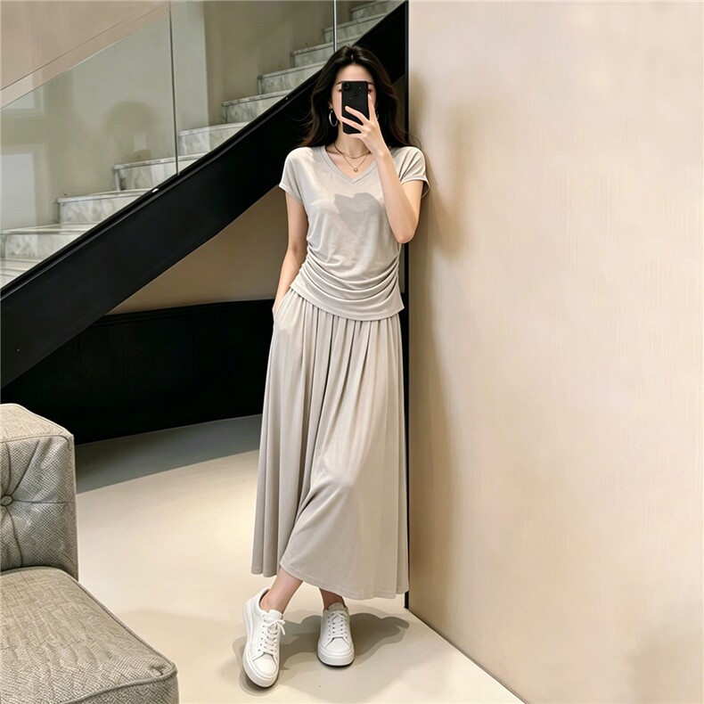 时尚气质套装裙女夏新款圆领褶皱设计感短袖上衣半身长裙两件套潮,女装套装/套裙,江南