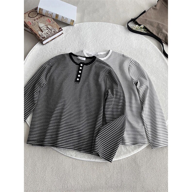 网图有货条纹亨利领长袖T恤男女休闲基础复古打底衫A936-P36，男装T恤，星座1505