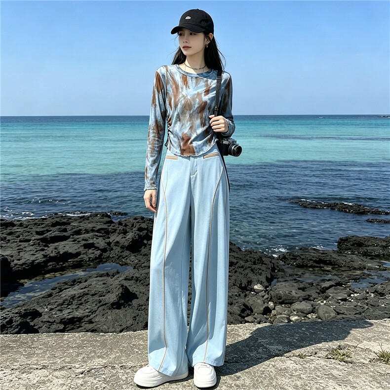 女夏季新款时尚减龄套装圆领晕染网纱印花长袖上衣阔腿长裤两件套图片