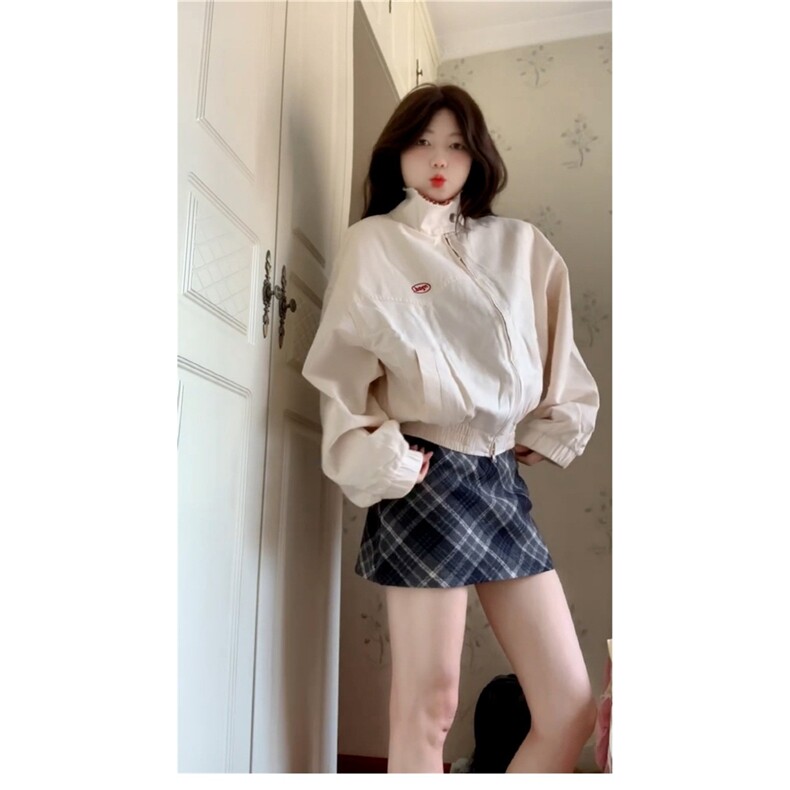韩系超好看刺绣格纹夹克外套女秋季新款复古宽松休闲短款棒球服潮,男装夹克,星座1210-1