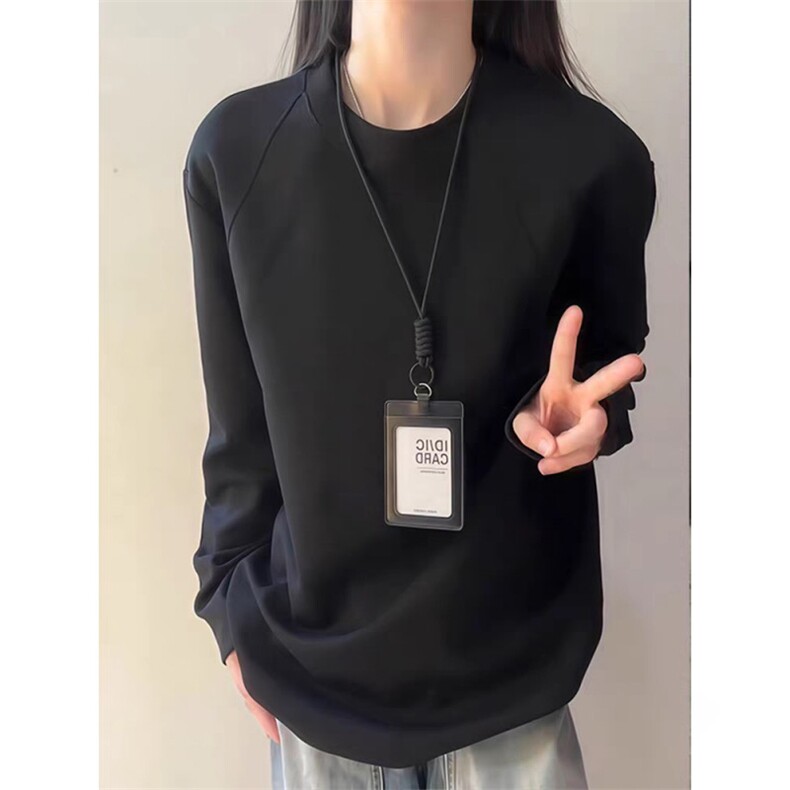 抖音得物品质26春装美式高街宽松曼巴棉螺纹拼接卫衣圆领长袖T恤,男装T恤,电商A443