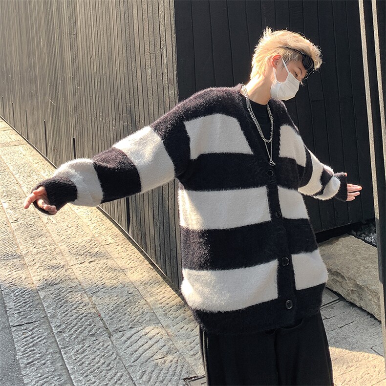 条纹毛衣日系慵懒复古男士针织衫秋冬季新款外套高级感线衣服,男装针织衫/毛衣,星座716-2