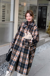 复古格纹休闲毛呢外套女秋冬超火好看高级小众中长款加厚呢子大衣图片