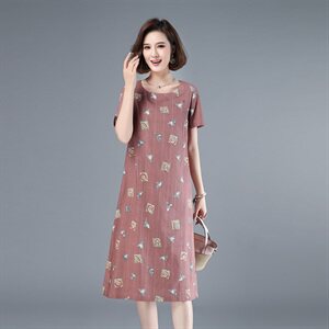 2021年夏季通勤韩版短袖套头A字裙40-49周岁圆领印花裙子图片
