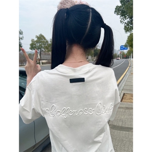 H0708-P35立体钢印+胶标包边拉肩纯色短袖T恤图片
