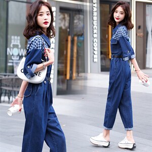 牛仔工装连体裤女2025春秋新款拼接格子高级感时尚流行连衣裤，女装连体裤，E百度