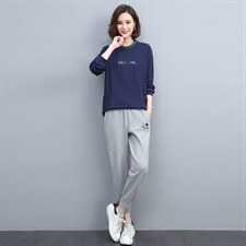 2022春季新款简约时尚休闲舒适撞色圆领宽松显瘦长袖两件套图片