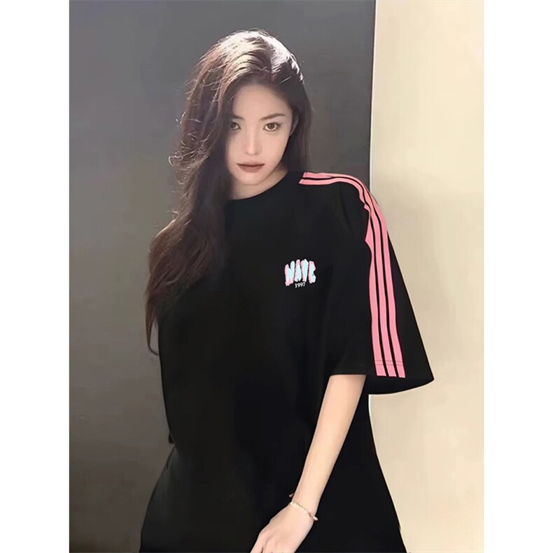 抖音得物品质二开240克宽松纯棉美式潮牌印花三条杠中性风短袖T恤图片