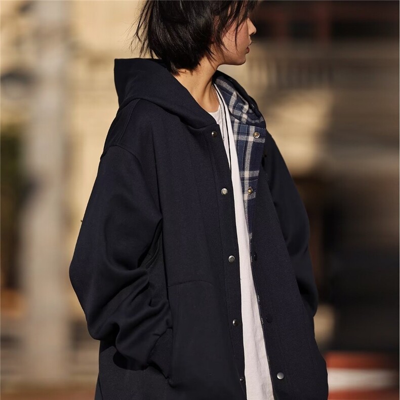 春秋季新款日系复古纯色格纹开衫男女休闲宽松连帽卫衣外套气质，女装短外套，星座506A
