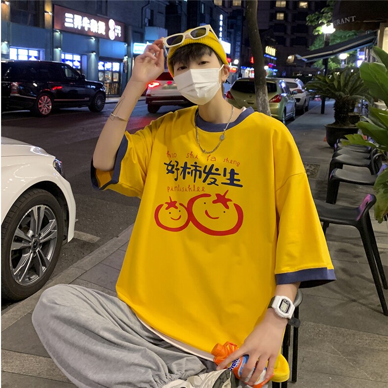 2025夏装新款中性异色包边印花宽松圆领T恤T623/特P2539,男装T恤,电商A148