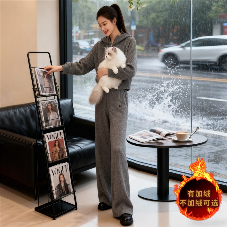 时尚休闲运动套装女秋款洋气减龄气质半拉链连帽卫衣直筒裤两件套，女装套装/套裙，江南