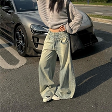 美式浅色阔腿牛仔裤女小个子秋季秋冬2025新款高腰宽松直筒拖地裤，男装牛仔裤，星座506A