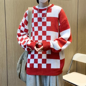 毛衣男秋新款美式复古棋盘格情侣款宽松百搭粗线针织衫6960 P43图片