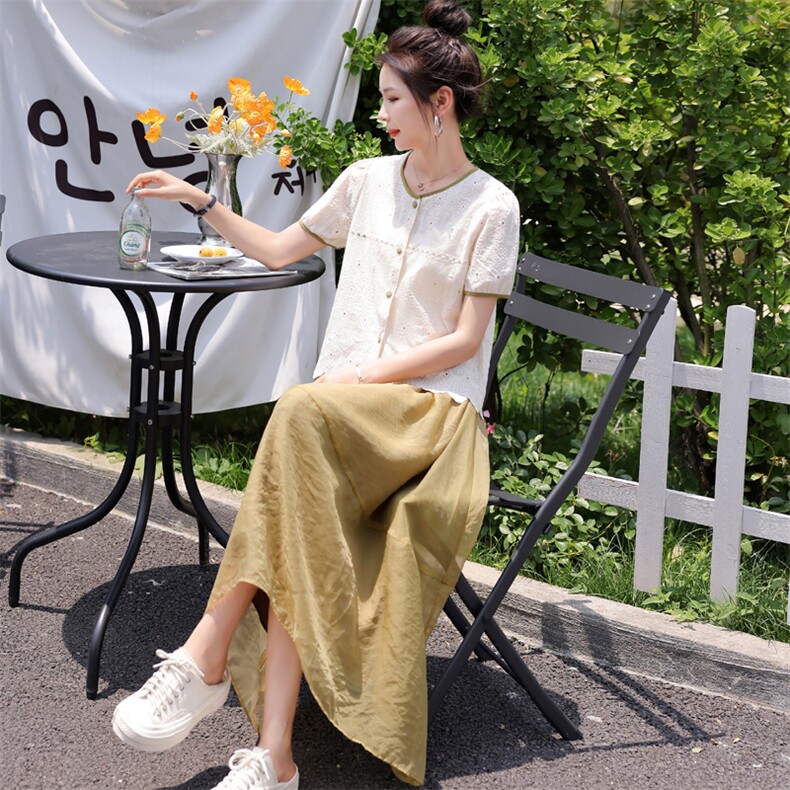 2022夏装新款全棉提花撞色舒适短袖上衣百搭纱裙两件套女士套装,女装套装/套裙,木子恋