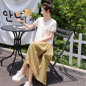2022夏装新款全棉提花撞色舒适短袖上衣百搭纱裙两件套女士套装图片
