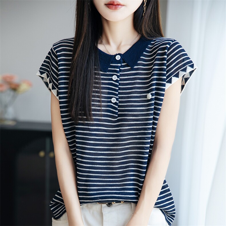 竹节麻翻领短袖针织衫女t恤夏季新款简约时尚洋气减龄Polo衫上衣,针织衫/毛衣,菲奥羊绒