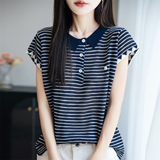 竹节麻翻领短袖针织衫女t恤夏季新款简约时尚洋气减龄Polo衫上衣，女装针织衫/毛衣，菲奥羊绒
