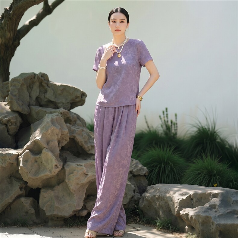 气质时髦套装女夏款高级感新中式刺绣印花上衣阔腿长裤两件套,女装套装/套裙,江南
