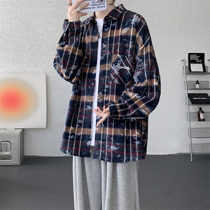 衬衫男春季新款港风宽松大码格子扎染刺绣长袖衬衣CS3016-P38图片
