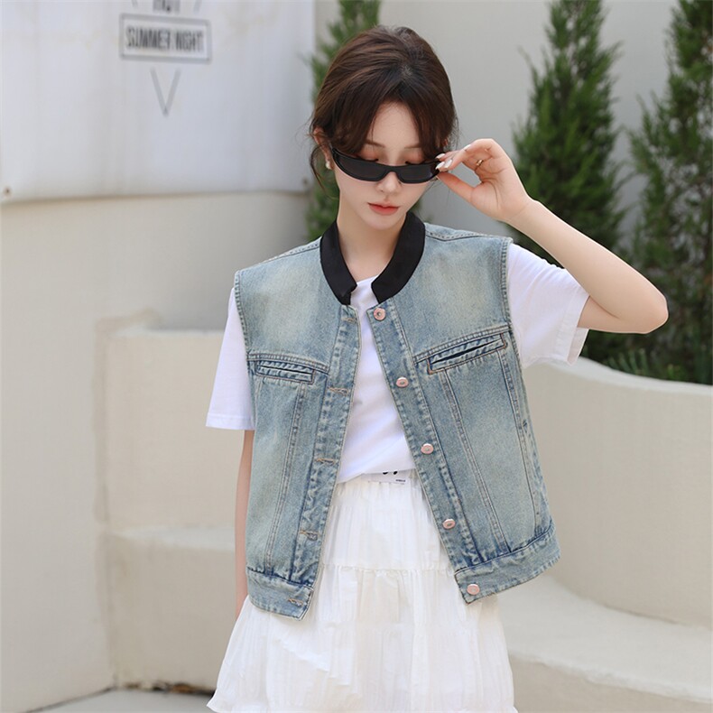 新中式牛仔马甲外套女款夏季2024新款小个子春秋外搭无袖背心上衣,女装马甲,美拉德工厂直营店