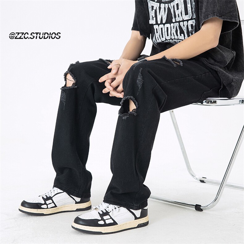 2025夏季破洞牛仔裤男士宽松直筒潮牌休闲裤子男/N227P55,男装牛仔裤,电商D325