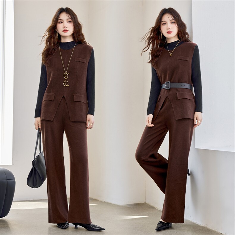 主推跑量现货！秋季新款时尚洋气设计感圆领显瘦百搭三件套裤女，女装套装/套裙，央宝儿