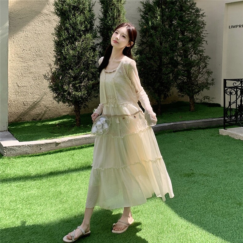 法式高级感短款小开衫女夏季2025新款设计感高腰吊带裙,女装连衣裙,维壹