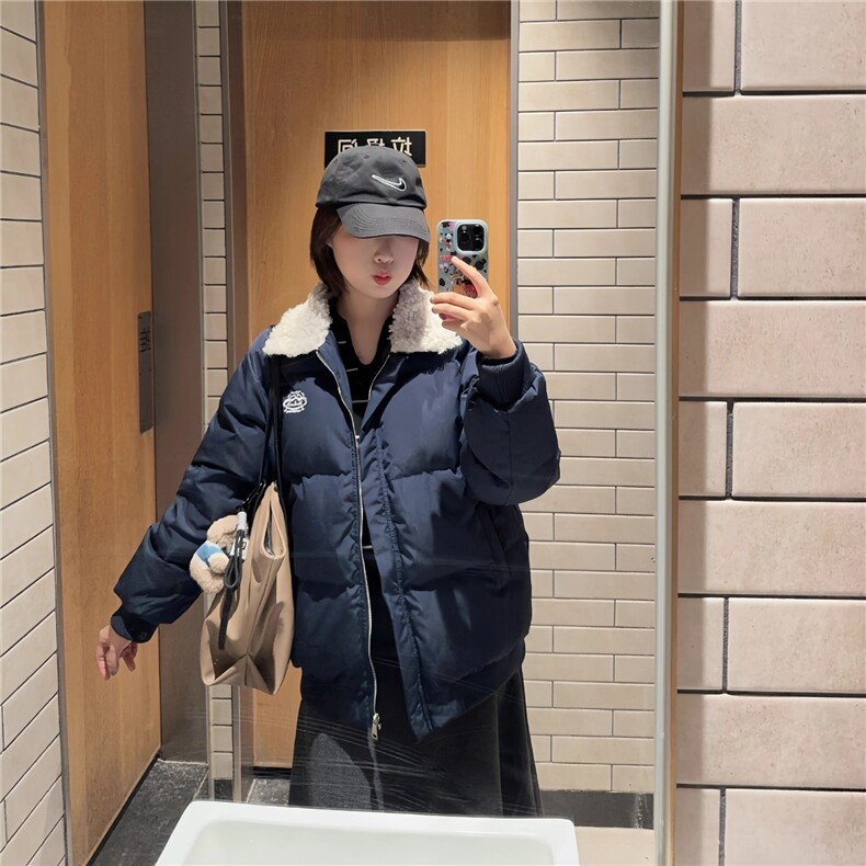 韩系2025冬新款羊羔毛翻领羽绒棉服女学生短款面包服藏青外套,男装棉衣,星座1210-1