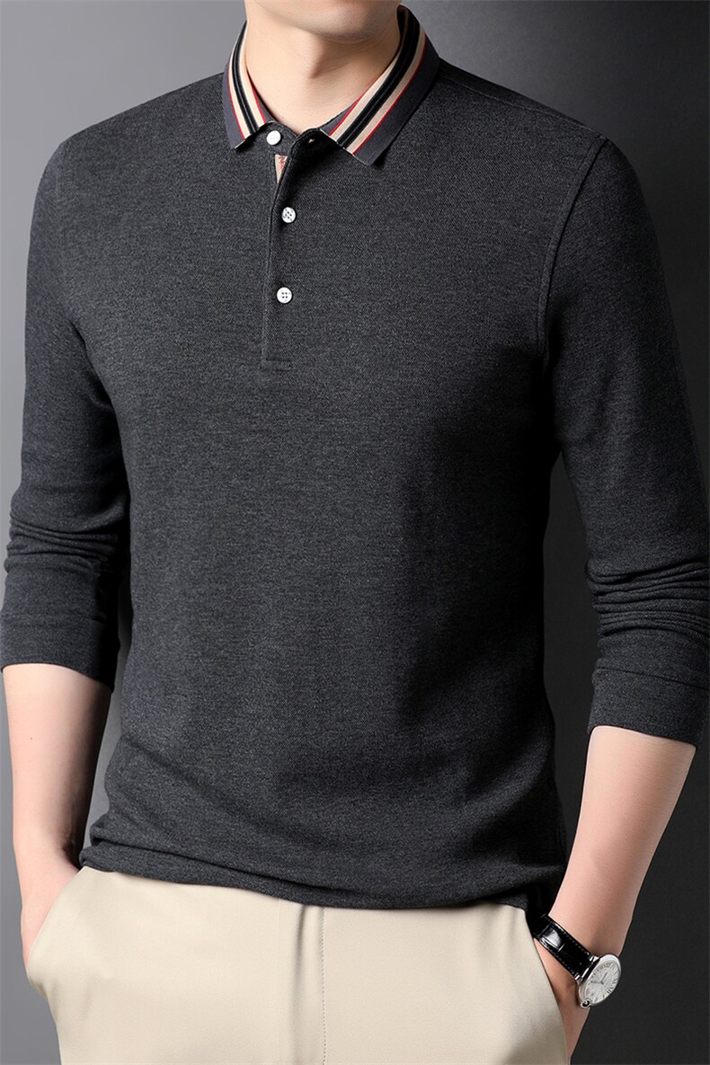 2023秋冬季新款男士翻领纯色上衣中年宽松免烫纯棉T恤男装POLO衫,男装T恤,电商B212（原钱塘6029）